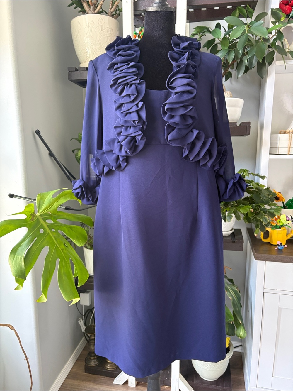 Ruffle-Trim Navy Midi Dress